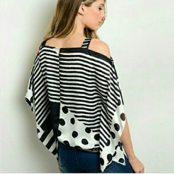 Black and White Striped Polka Dot Cold Shoulder Top - Picture 2 of 10